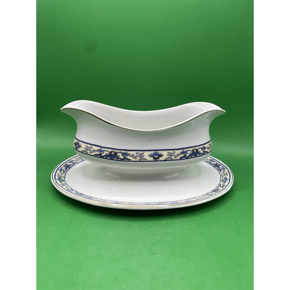 Vtg Alfred Meakin England Gravy Boat W/Underplate Blue Ivory Floral - Picture 4 of 14
